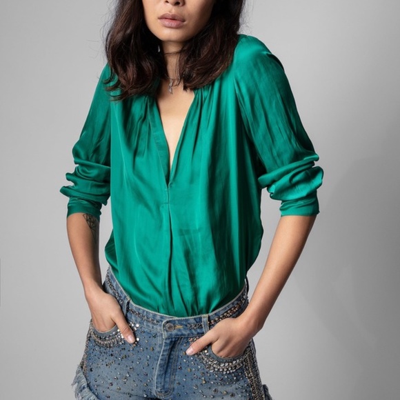 ZADIG & VOLTAIRE Tink Satin Emerald Green Blouse M - Picture 2 of 6